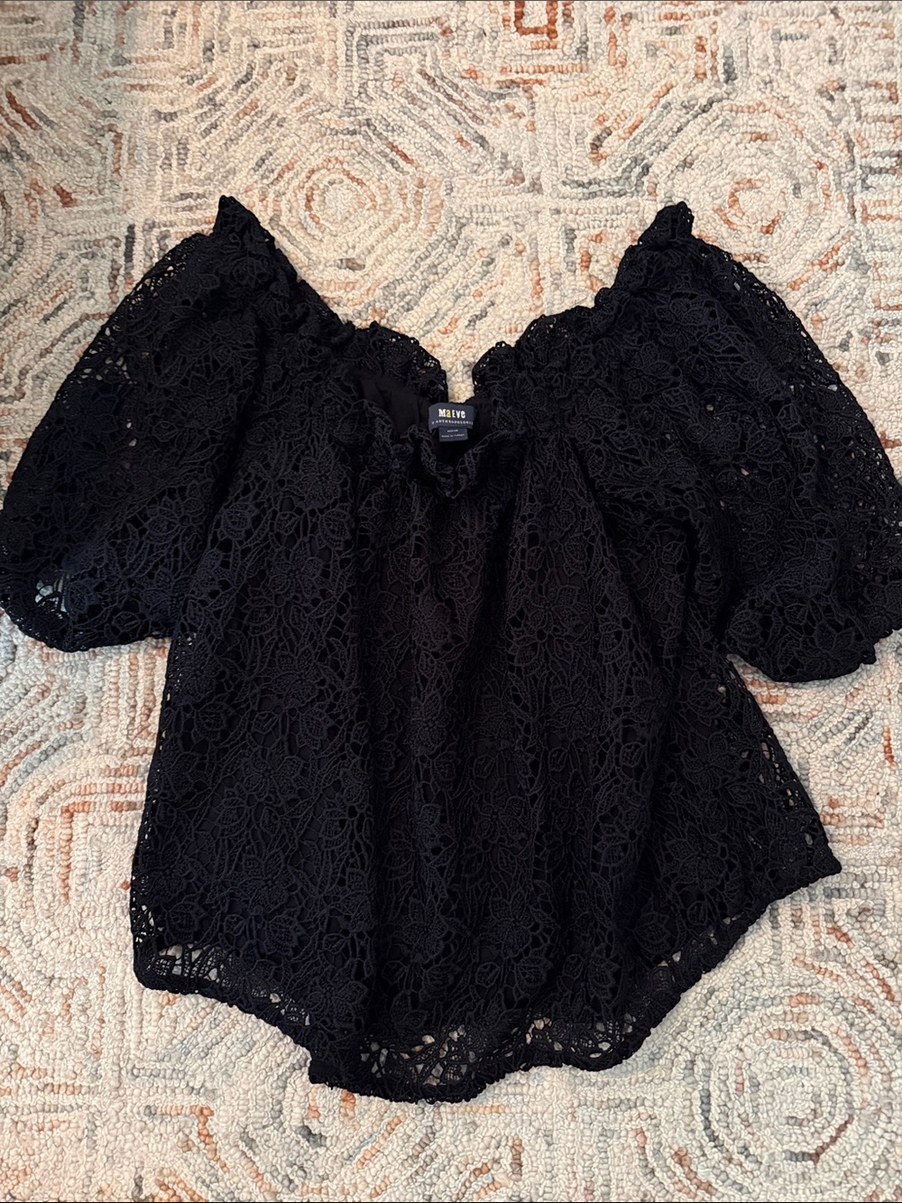 Maeve Black Lace Off-Shoulder Puff Sleeve Top